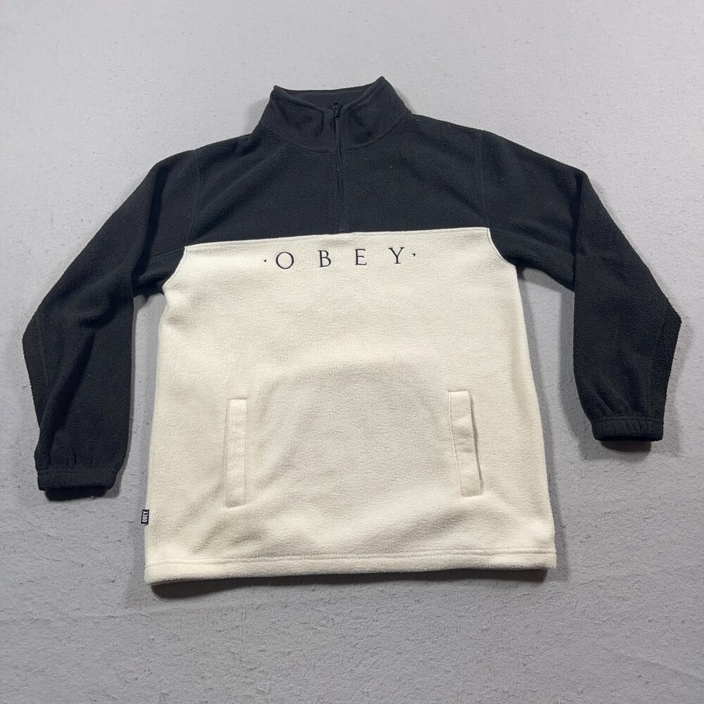 Obey Fleece Pullover Men Small Black‎ Oatmeal Colorblock Half Zip Logo Outdoor